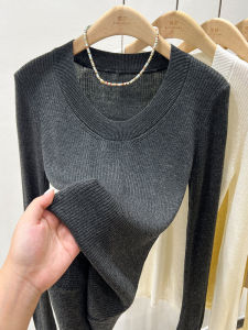 Carbon Gray U Collar Sweater Womens Long Sleeve Silm Thin Early Autumn 2024 New Arrival Tops Bottoming Shirt Womens Inner Wear
