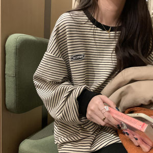 Womens Stripe Long Sleeve round Neck T-Shirt Base Shirt 2024 Autumn New Style Korean Version Top Wear Casual Streetwear