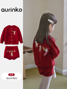 เสื้อคาร์ดิแกนถักสีแดงสำหรับเด็กผู้หญิง เสื้อคลุมกันหนาวแบบสวมหัว แขนยาว ปกติ คอตั้ง เสื้อผ้าเด็กผู้หญิงสไตล์เกาหลี