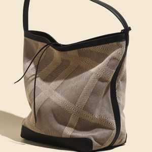 Womens Large Capacity Plaid Bucket Bag Tote Canvas Shoulder Bag Commuter Handbag Casual Simple Style Soft Polyester Lining