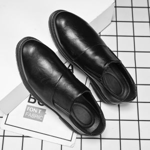 Mens Slip-On Shoes Genuine Leather Thick Bottom Casual Business Shoes Wedding Suit Black Leisure Leather Shoes Spring Autumn