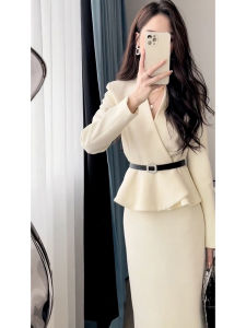 SHANGSHA | Autumn Elegant Matching White Wool Tweed Suit Dress