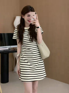 round Neck Drawstring Striped Short Sleeve T-Shirt Dress Womens Mini Skirt Korean Style Summer New High Waist A-Line Dress