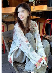 YUEZHONGWEI | Retro American Grey Long Sleeve T-Shirt Women Summer Thin Sun Protection Shoulder Exposure Air Conditioning Top Printed Casual Wear