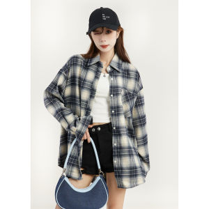 Retro Plaid Womens Shirt Spring 2025 New Small Size Casual Hong Kong Style Open Cardigan Top Outerwear Korean Version Button Detail Long Sleeve POLO Neck
