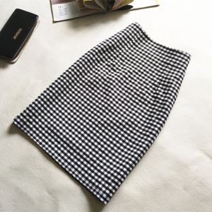 Black White Plaid High Waist Womens Mini Skirt Bodycon Slimming Professional Skirt Polyester Fabric Midi Skirt