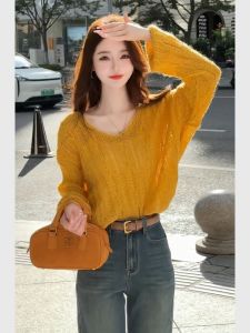 Loose Yellow Knitted Sweater Lightweight Comfortable Korean Style Early Autumn Fashionable Shoulder-Length Versatile Cover-up