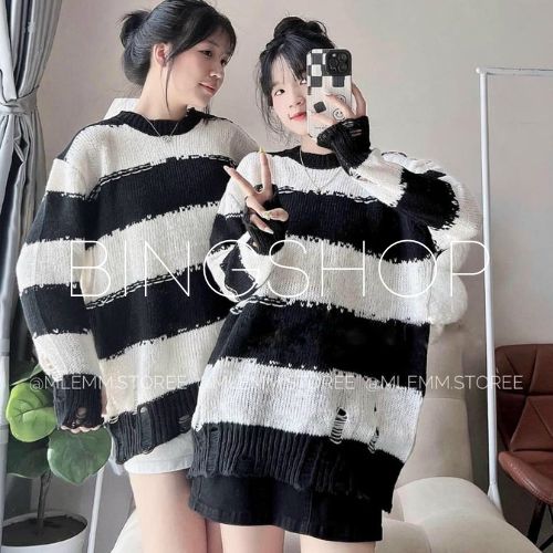 Áo len nữ rách kiểu dài tay cổ tròn form rộng vải len dệt kim cao cấp ...