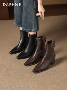 Daphne | Slender Pointed Black Faux Leather Winter Fur-Lined Womens Boots