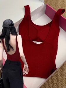 Red U-Neck Backless Sports Bra Top for Women Summer Minimalist Style Slim Fit Work Clothing with Chest Pad