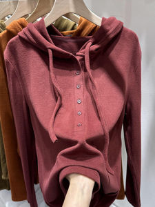 เสื้อสเวตเตอร์มีฮู้ดผ้าเดนิมสองด้านสีแดง ทรงหลวม แขนยาว ปกติ คอตั้ง ปกติ ฤดูใบไม้ร่วง 2023 ฤดูหนาว เสื้อชั้นในอุ่นสบาย