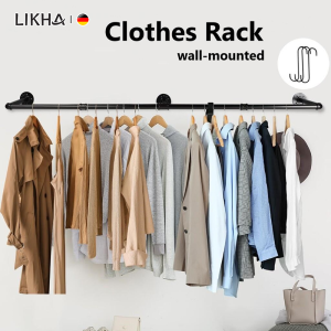 LIKHA Industrial Pipe Clothes Rack Iron Garment Bar Wall-Mounted Drying Racks Tube Hanger Clothing Storage