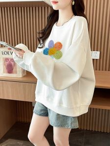 Spring Autumn Short Pure Cotton Hoodie Women Loose Versatile Fashionable Design Flower round Neck Top Coat Cotton Long Sleeve
