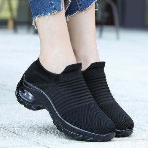 New Women Korean Style Comfort Slip On Shoes Sneakers Fashion Breathable Thick Sole Casual Black Rubber Shoes For Women On Sale