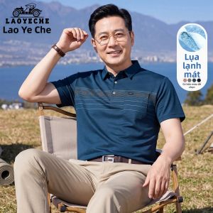 LAOYECHE | Áo Thun Tay Ngắn In Hình Dành Cho Người Già Chất Liệu Kẻ Sợi Băng