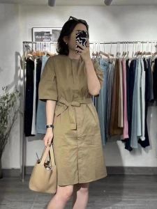 Menswear Style Khaki Shirt Dress Womens Base Layer Dress Fashionable Commute Slim Fit Polyester Blend Mid-Length Sleeve