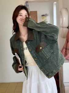 เสื้อแจ็คเก็ตยีนส์ PU ทรงสั้นสำหรับผู้หญิง ทรงเข้ารูป แขนยาว ปกโปโล กระดุมเดียว ฤดูใบไม้ร่วง 2024 เสื้อคลุมกันหนาวแบบลำลอง