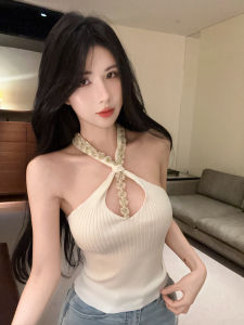 GUZILIAN | Áo ba lỗ dệt kim hở cổ gợi cảm cho nữ mùa hè Áo khoác ngoài ôm vừa vặn độc đáo đẹp mắt nhỏ