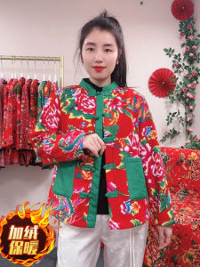 Northeast Large Flower Print Fleece Lined Stand Collar Cotton Jacket Retro Style Womens Cotton Coat Moms Printed Cotton Padded Vest