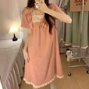 Pure Cotton Short Sleeve Sleep Dress Womens Summer New Style Sleepwear with Chest Pad Purple Color Large Size Court Style