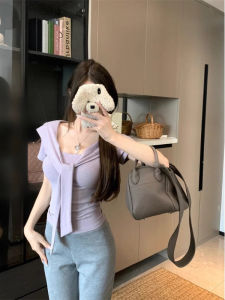 Korean Style Purple Short Sleeve T-Shirt Womens Summer Design Slim Fit Short Length Shoulder Line Small Belted Top