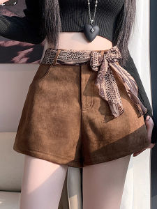 Retro Coffee Color Deer Skin Velvet Wide Leg Short Pants Womens Autumn Winter New High Waist Slim A-Line Bottom Boot Pants