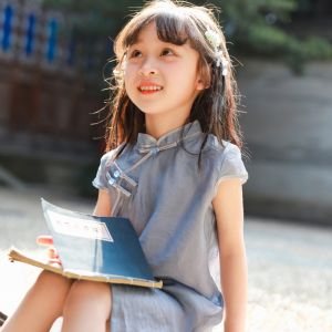 Princess Style Light Blue Silk Cheongsam Dress for Girls Cool Summer Thin Fabric Traditional Chinese Hanfu White Enhancing Skirt