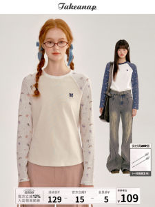 TAKEANAP Nap Time Floral Print Waffle Pattern Shoulder Sleeve T-Shirt Womens Spring New Long Sleeve Top Floral Sweet Style