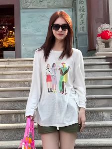 Korean Style Loose Long Sleeve T-Shirt Womens Early Autumn New Casual Commute Thin Print Top Fashionable Loose Shirt