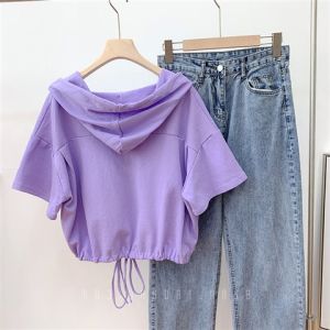 Fashionable Loose Short Sleeve Drawstring T-Shirt Womens Summer Thin Short Style Purple Top Sweet Style Hooded Splice Element