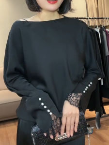 SUOXIMENG | Large Size Black Round Neck Sleeve Pearl Lace Splicing Womens Top Fashion Trend Autumn New Style Elegant Atmosphere