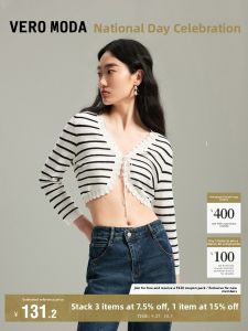 Vero Moda Womens Knitted Open Cardigan Sweet Elegant Striped Belted Outerwear Sweater Polyester Fiber V-neck Short Length