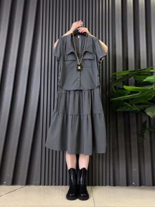 plus Size Womens Lapel Side Lace-up Top and Skirt Fat Sister Pure Color Minimalist Summer Casual Two-Piece Suit