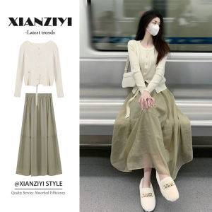 Spring Tea System Korean Style Womens Dress Set High Waist A-Line Skirt Long Sleeve round Neck Two-Piece Suit Commute Fashion