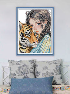 Modern Minimalist Girl And Tiger Cross Stitch Embroidery Kit Living Room Wall Hanging Painting Handmade Craft Cotton Fabric