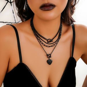 Bộ Vòng Cổ Gothic Nhiều Lớp Màu Đen Có Khóa OT Với Mặt Dây Chuyền Hình Trái Tim Đào Punk Cuban Link Dây Chuyền Xương Đòn Dành Cho Nữ IngeSight.Z