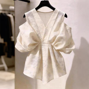 XUECAIQI | Lace V-Neck Puff Sleeve Off-Shoulder Blouse Summer Loose Waist-Cinching