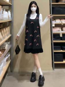 French Butterfly Knot Woolen Dress Womens Autumn Winter New Style High Quality Elegant Slim Sweater Overalls Two Piece Set