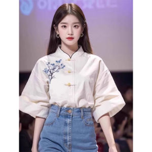 New Chinese Style Womens Shirt Summer 2024 Slimming Tang Suit Modified White Embroidered Shoulder Drop Sleeve Fashionable Top