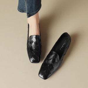 Zhang Tiansheng Simple Style Womens Shoes French Style Deep Mouth Single Shoes Spring Autumn Low Heel Gross Heel Real Leather Woven Shoes