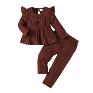 2Pcs Baby Girl Clothes Outfit 2-3 Years Infant Ruffle Long Sleeve Bow Peplum Top + Striped Pants Set Autumn Newborn Baby Apparel