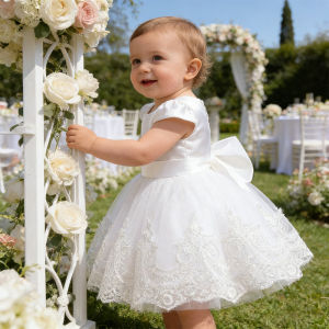 Baby Girl Lace Backless White Dress Bowknot Flower Girl Wedding Dress Toddler Girls Party Baptismal Costume Birthday Dress Gown