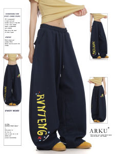 Blue Casual Pants Womens Loose Drapey Slimming Dance Wide Leg Knife Shape Printed Casual Trousers American Letter Print