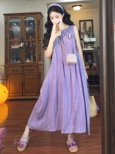 Đầm CHANGTONG không tay vải lanh dáng chữ A cổ tròn đi biển thường ngày mùa hè