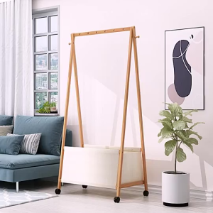 Penyangkut buluh Floor-Standing Foldable Clothes Rack Bamboo Clothes Hanger Bedroom Storage Simple Multi-Functional Stor