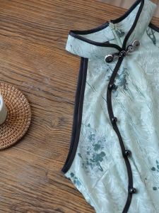 New Chinese Style Water-Mark Painting Young Girl Summer Dress Collarless Sleeveless Qipao Gown for Young Women Vintage Flavour