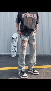 กางเกงขายาวผู้ชาย กางเกงยีนส์รี ฮิพฮอพ สไตล์เกาหลี การออกแบบหมึกสาด การพิมพ์ ความนิยม สไตล์อเมริกัน, สไตล์ไฮสตรีท, ฮาราจูกู แฟชั่น หลวม กางเกงขากว้าง hiphop VIBE
