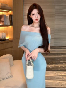 Korean Style Knitted Slim Fit One Shoulder Dress Fashionable Elegant Bodycon Long Skirt Summer Season Short Sleeve Pure Color