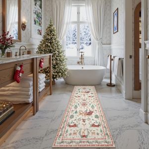 VIKAMA Christmas Rug - Non-Slip & Machine Washable Reindeer Sleigh & Santa Claus Design Bathroom Kitchen & Living Room Decor