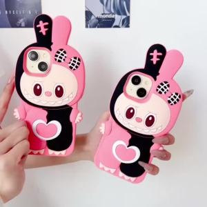 3D cute cartoon labubu pink and black patchwork color silicone case for iPhone 11 12 13 14 15 16 Pro Max casing Cartoon animal soft silicone protective cover for iPhone case